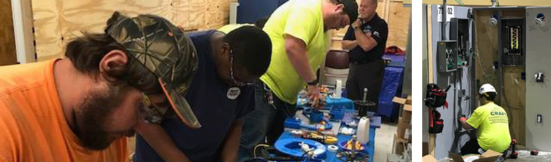 On the left: 3 CECA Apprentices working on Electrical equipment in a classroom setting being watched by an instructor. On the right: an apprentice working on an electric panel.